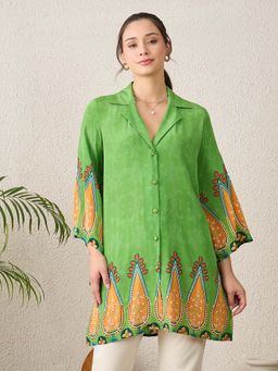 First Resort by Ramola Bachchan - Women Green Paisley Printed Crystal Embellished Tunics