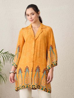 First Resort by Ramola Bachchan - Women Mustard Paisley Printed Crystal Embellished Tunics