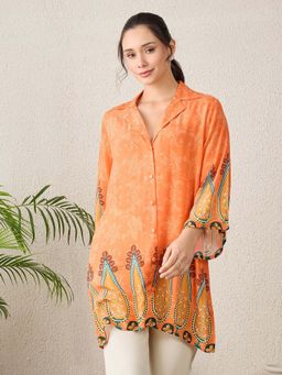 First Resort by Ramola Bachchan - Women Tangerine Paisley Printed Crystal Embellished Tunics