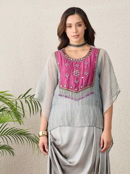 First Resort by Ramola Bachchan - Women Silk Embellished Grey Top