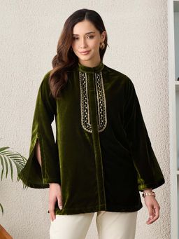 First Resort by Ramola Bachchan - Women Velvet Solid Green Top