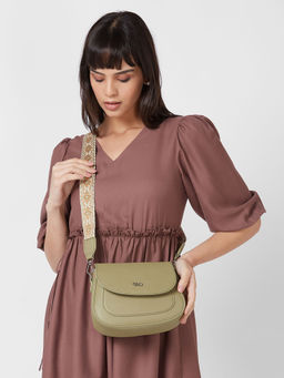 Globus - Women Olive Textured Half Moon Sling Bag (Free Size)