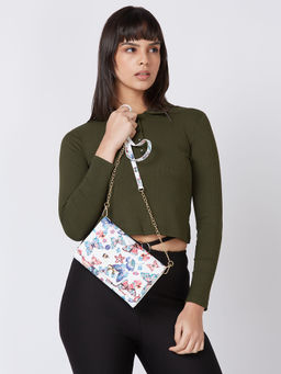 Globus - Women White Printed Vegan Leather Pouch Sling Bag