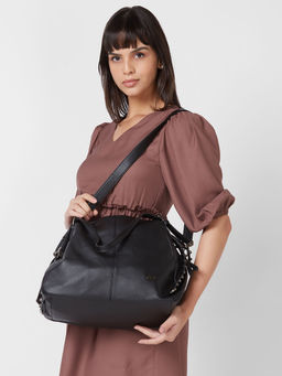 Globus - Women Black Textured Embellished Detail Adjustable Handles Hobo Bag (Free Size)