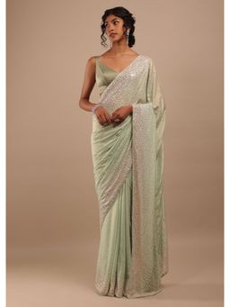 KALKI FASHION - Laurel Green Saree & 3D Sequins Floral Motifs with Unstitched Blouse