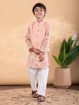 Readiprint - Boys Cotton Fabric Peach Color Kurta with Pyjama and Nehru Jacket