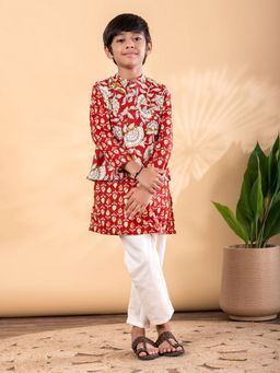 Readiprint - Boys Cotton Fabric Red Color Kurta with Pyjama and Nehru Jacket