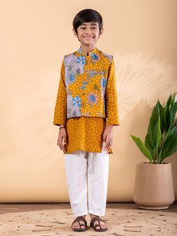 Readiprint - Boys Cotton Fabric Mustard Color Kurta with Pyjama and Nehru Jacket