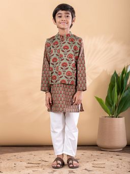 Readiprint - Boys Cotton Fabric Green Color Kurta with Pyjama and Nehru Jacket
