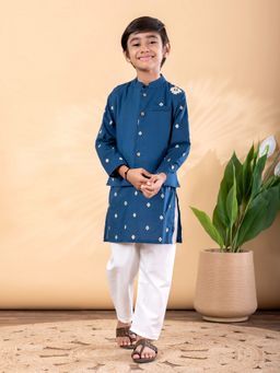 Readiprint - Boys Cotton Fabric Navy Blue Color Kurta with Pyjama and Nehru Jacket