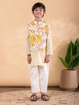 Readiprint - Boys Cotton Fabric Yellow Color Kurta with Pyjama and Nehru Jacket