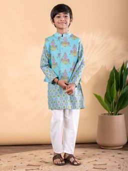 Readiprint - Boys Cotton Fabric Blue Color Kurta with Pyjama and Nehru Jacket