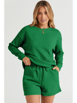 Errabelly - Green Textured Long Sleeve T-shirt and Drawstring Shorts Women (Set of 2)