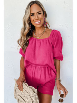 Errabelly - Bright Pink Top Crinkled Textured Square Neck and Shorts (Set of 2)
