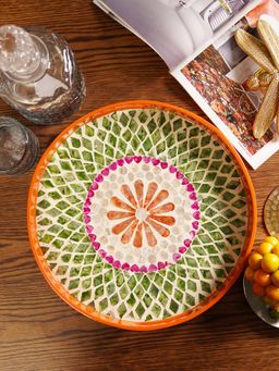 Pure Home + Living - Orange & Green Floral Round Capiz Shell Lacquer Tray