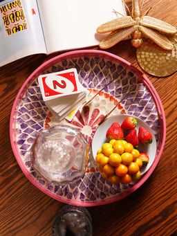 Pure Home + Living - Pink & Purple Floral Round Capiz Shell Lacquer Tray