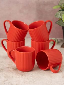CLAY CRAFT - Fine Ceramic Linea Red Coffee Mug Cups For Tea & Coffee, Mug Set (Pack of 6)
