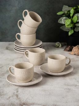 CLAY CRAFT - Fine Ceramic Apex Beige Cups & Saucer, Cups For Tea & Coffee (Pack of 6)