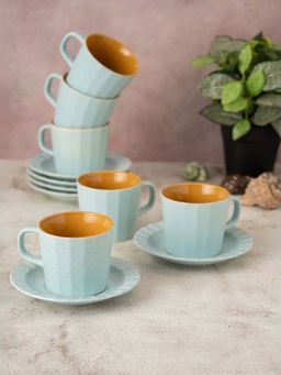CLAY CRAFT - Fine Ceramic Armada Blue & Yellow Cups & Saucer, Cups For Tea (Pack of 6)