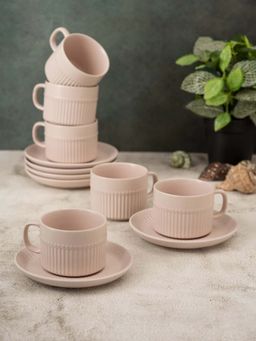 CLAY CRAFT - Fine Ceramic Crimson Ivory Cups & Saucer, Cups For Tea & Coffee (Pack of 6)