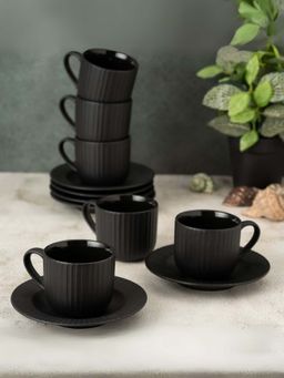 CLAY CRAFT - Fine Ceramic Linea Black Cups & Saucer, Cups For Tea & Coffee (Pack of 6)