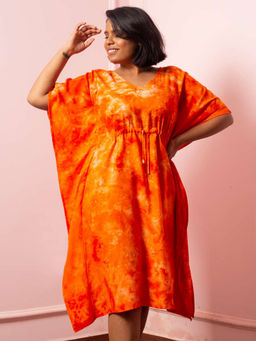 AOBA - Women Orange Tie & Dye Kaftan Nightdress