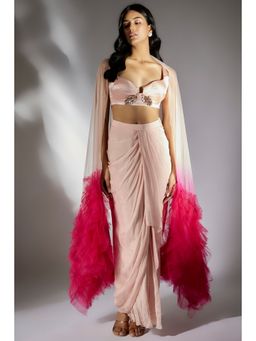 Masumi Mewawalla - Peach Pink Solid Drape Skirt With Ombre Ruffle Dupatta (Set of 3)