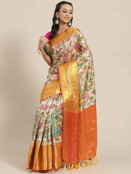 Silk Land - Banarasi Art Silk Floral Printed Saree with Unstitched Blouse Piece White with Unstitched