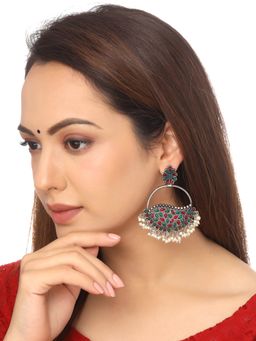 Yellow Chimes - Silver Toned Floral Shaped Stone and Pearl Studded Chandbali Earrings