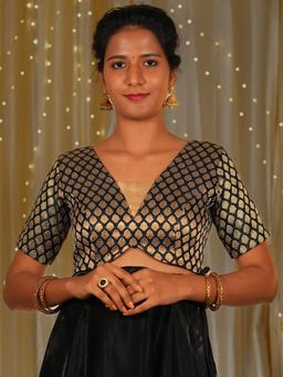 I LOVE SAREES - Women Black Brocade V-Neck Floral Stitched Blouse