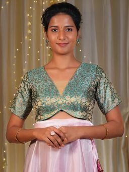 I LOVE SAREES - Women Blue Brocade V-Neck Floral Stitched Blouse