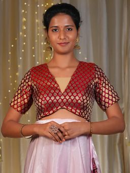 I LOVE SAREES - Women Red Brocade V-Neck Floral Stitched Blouse