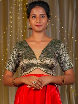 I LOVE SAREES - Women Green Brocade V-Neck Floral Stitched Blouse