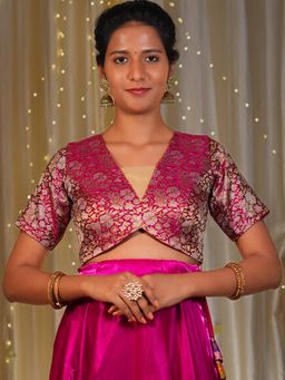 I LOVE SAREES - Women Pink Brocade V-Neck Floral Stitched Blouse