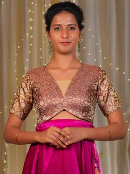 I LOVE SAREES - Women Pink Brocade V-Neck Floral Stitched Blouse