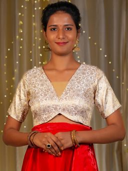 I LOVE SAREES - Women Off White Brocade V-Neck Floral Stitched Blouse