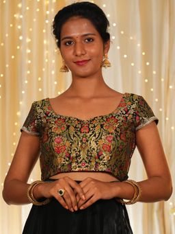 I LOVE SAREES - Women Black Banarasi Sweetheart Floral Stitched Blouse