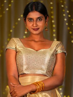 I LOVE SAREES - Women Beige Banarasi Sweetheart Floral Stitched Blouse