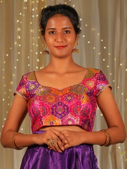 I LOVE SAREES - Women Pink Banarasi Sweetheart Floral Stitched Blouse