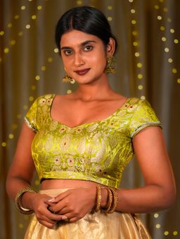 I LOVE SAREES - Women Green Banarasi Sweetheart Floral Stitched Blouse