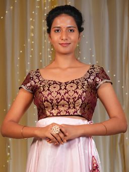 I LOVE SAREES - Women Maroon Banarasi Sweetheart Floral Stitched Blouse