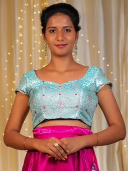 I LOVE SAREES - Women Blue Banarasi Sweetheart Floral Stitched Blouse