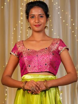 I LOVE SAREES - Women Pink Banarasi Sweetheart Floral Stitched Blouse