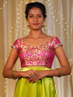 I LOVE SAREES - Women Pink Banarasi Sweetheart Floral Stitched Blouse