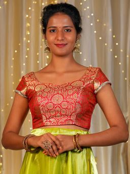 I LOVE SAREES - Women Red Banarasi Sweetheart Floral Stitched Blouse