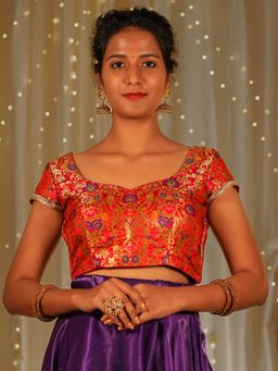 I LOVE SAREES - Women Red Banarasi Sweetheart Floral Stitched Blouse