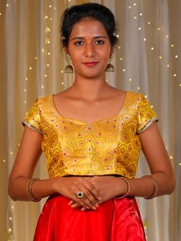 I LOVE SAREES - Women Yellow Banarasi Sweetheart Floral Stitched Blouse