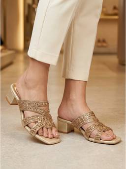 ELLE - Women Gold Embellished Square Toe Block Heels
