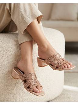 ELLE - Women Rose Gold Embellished Square Toe Block Heels
