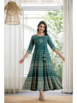 Juniper - Green Ethnic Motif Printed Liva Rayon Dress with Sequins and Beads (Set of 2)